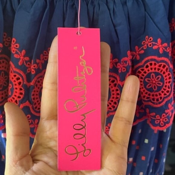 Lilly Pulitzer Kalama Off Shoulder Dress Borealis Blue Lilly Squared NWT Small - Picture 11 of 15